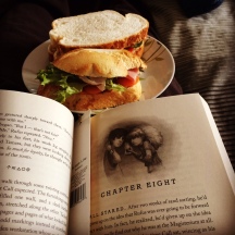 Perfect lunch on a cold and windy day...saladsandwich and a book in my bedroom with the door closed